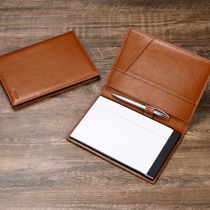 HISCOW Slim Leather Junior Padfolio, 5x8 Notepad Cover, Antiqued Brown | Full-grain buffalo leather, top-loading legal pad holder, rigid pen loop, quick-access card slot, zipperless boardroom design