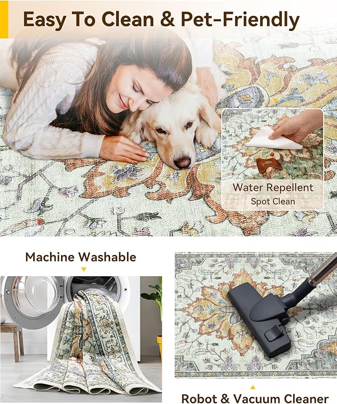 RELEANY Area Rugs 4'x5' Washable Non-Slip, Floral Vintage Distress Medallion Carpet for Living Room Bedroom Dining Room, Beige Carbon Grey Orange