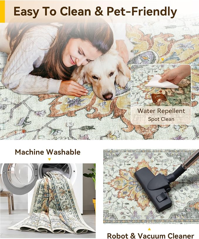 RELEANY Area Rugs Large 10'x12' Washable Non-Slip, Floral Vintage Distress Medallion Carpet for Living Room Bedroom Dining Room, Beige Carbon Grey Orange