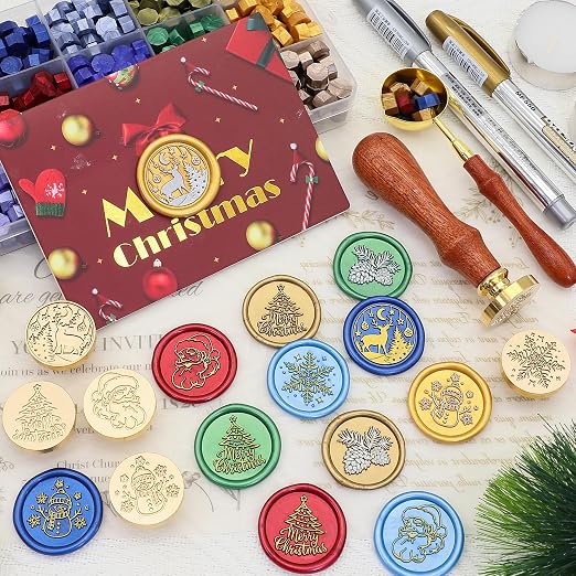 SWANGSA Christmas Wax Seal Stamp Kit with 450pcs Sealing Wax Beads, 2 Pens and Spoon for Christmas, Wedding, Invitations, Cards, Gift, Envelopes