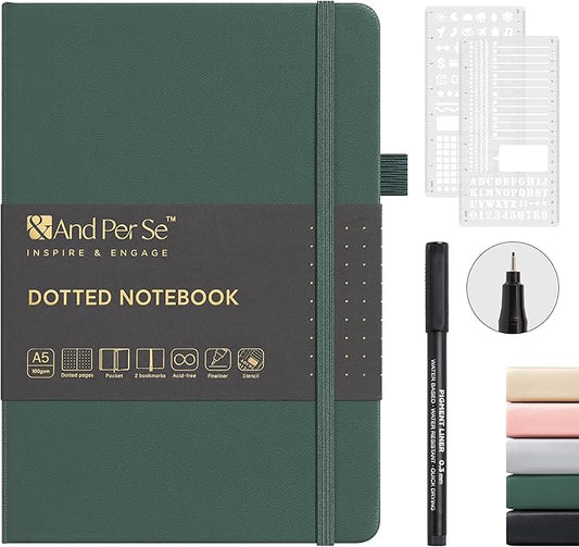 &And Per Se A5 Hardcover Dotted Notebook Kit for Beginners – 176 Numbered Pages, 100gsm Thick Paper, Includes Stencils & Fineliner Pen | Leather Bullet Journal with Templates, Lay Flat Design, Premium Gift for Women Men (Green)