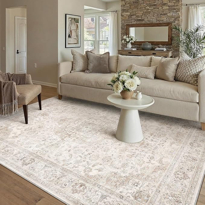 HUGEAR Area Rug 5x7 Vintage Beige Machine Washable Living Room Rugs Thin Neutral Floral Vacuumable Low Pile Carpet Bedroom Office Dining Room Laundry Room Non Slip Soft Lightweight