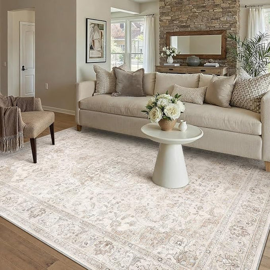 HUGEAR Area Rug 5x7 Vintage Beige Machine Washable Living Room Rugs Thin Neutral Floral Vacuumable Low Pile Carpet Bedroom Office Dining Room Laundry Room Non Slip Soft Lightweight