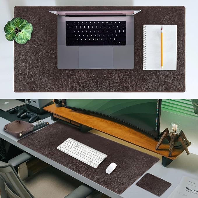 ELIZO Leather Desk Pad Real Leather Desk Mat Thick (3mm) Double Layer (32x16) Cover Blotter Desk Protector Large Computer Mat for Keyboard Mouse Pad Table Laptop Mat Office Accessories - Espresso