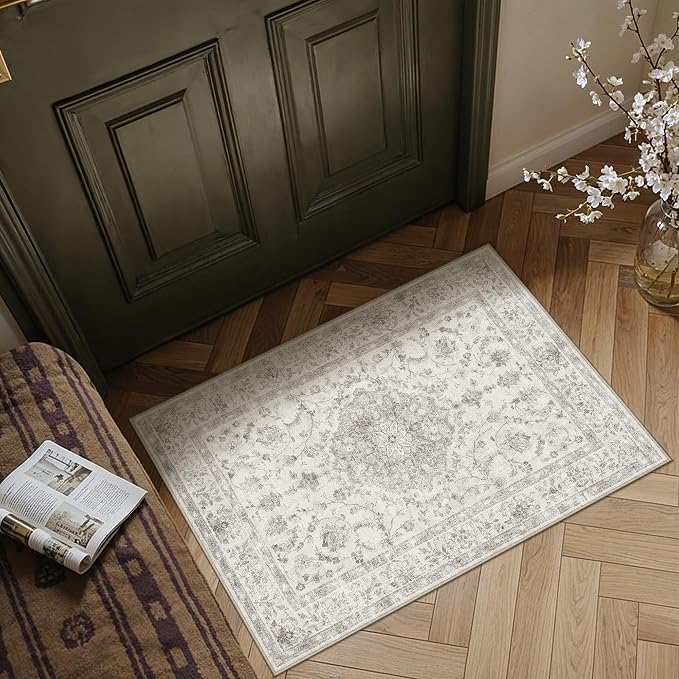PureCozy 2x3 Area Rug Gray Washable Vintage Entryway Door Mat Carpet Small Non Slip Soft Low Pile Thin Kitchen Bathroom Retro Accent Throw Rug Entrance Bedroom Office Living Room