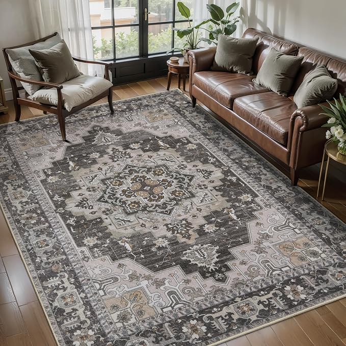 Tangsoo 6x9 Washable Area Rugs for Living Room, Vintage Indoor Non Slip Large Area Rugs, Oriental Print Carpet, Soft Boho Low Pile Rug Foldable Floor Rug for Bedroom Dining Room Home Decor Grey/Taupe