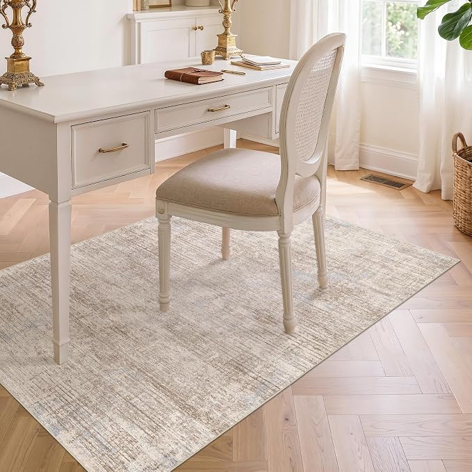 3x4 Washable Area Rug for Entryway: Modern Abstract Stain Resistant Small Rug with Non Slip Rubber Backing Durable Doormat Low Pile Thin Floor Carpet for Kitchen Bathroom (Ivory Beige Distressed,3x4)