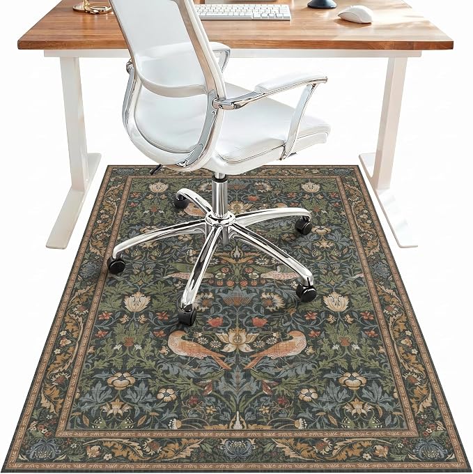 36"x60" Office Chair Mat for Hardwood Tile Floor, Under Desk Carpet Protector for Rolling Computer Chair Mat, Machine Washable Area Rug, Anti-Slip 1/5" Thick Low Pile Thin Vinyl Floor Mat, Deep Green