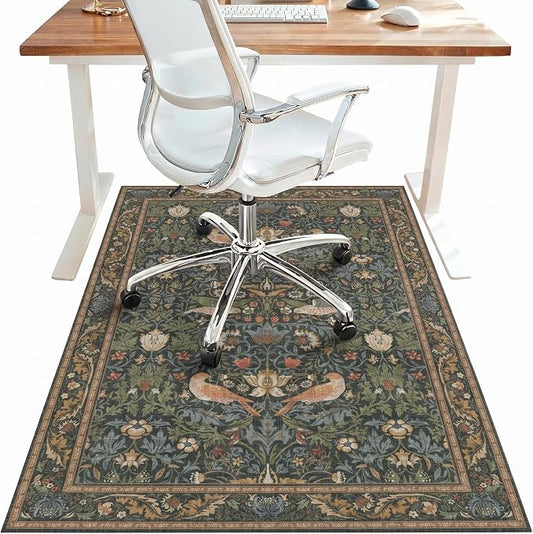 36"x48" Office Chair Mat for Hardwood Tile Floor, Under Desk Carpet Protector for Rolling Computer Chair Mat, Machine Washable Area Rug, Anti-Slip 1/5" Thick Low Pile Thin Vinyl Floor Mat, Deep Green