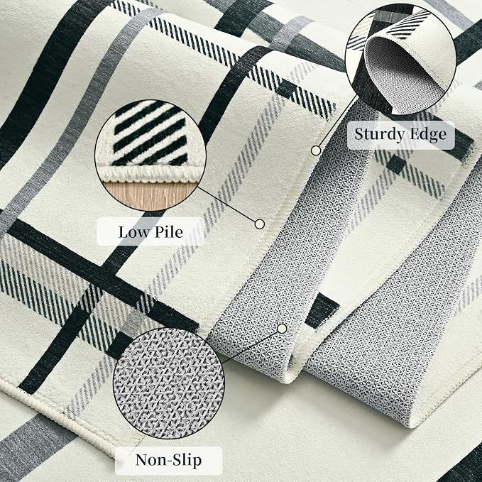Terrug Plaid Area Rug for Bedroom, Beige 4x6 Checkered Rugs Washable with Non Slip for Living Room, Soft Low Pile Stain Resistance Abstract Carpet for Kids Room