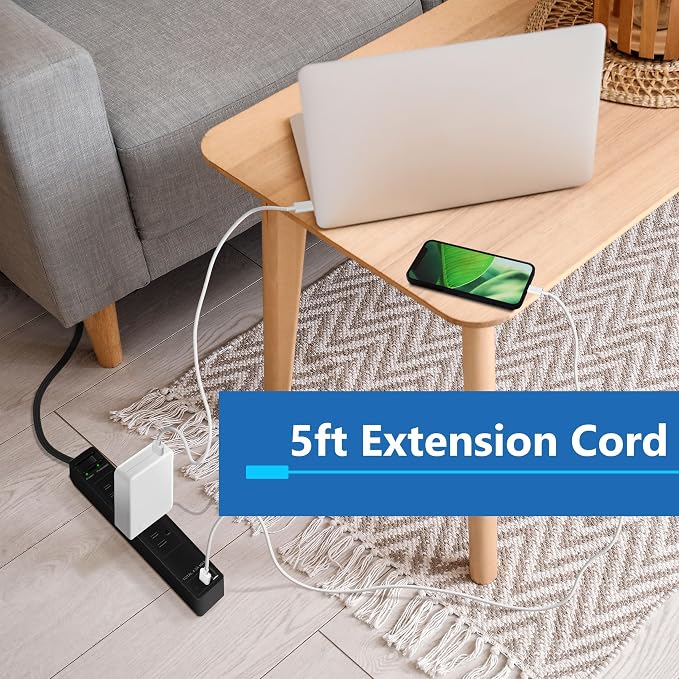 LIDER Outlet Extender with 4 Receptacles, USB-A & 2 USB-C, 45 Degree Angle Ultra-Thin Flat-Plug, 4-Outlet Power Strip, Surge Protector 1500 Joules, 5ft Cord, 1250W, ETL Listed, Matte Black