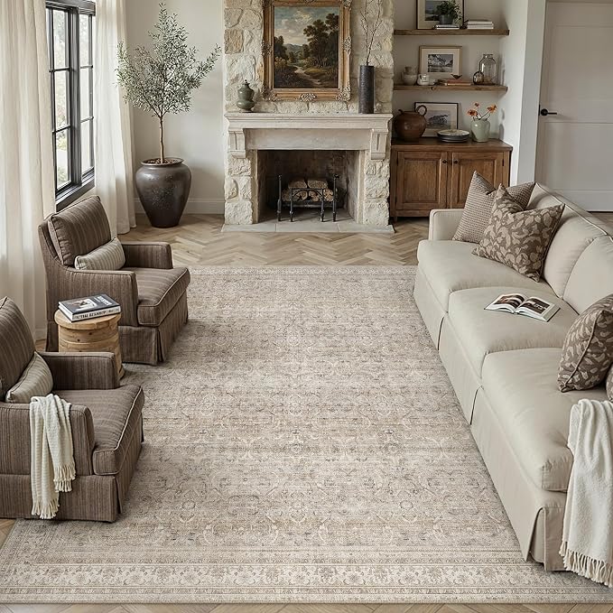 HUGEAR Area Rug 9x12 Vintage Beige Machine Washable Living Room Rugs Distressed Retro Floral Vacuumable Low Pile Carpet Bedroom Office Dining Room Laundry Room Non Slip Soft Lightweight