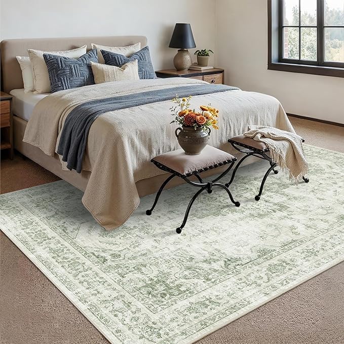 6x9 Vintage Washable Area Rugs Boho Medallion Large Distressed Retro Accent Carpet Floral Non-Slip Soft Low Pile Indoor Throw Rug for Living Room Bedroom Dining Room Office Kitchen, Green