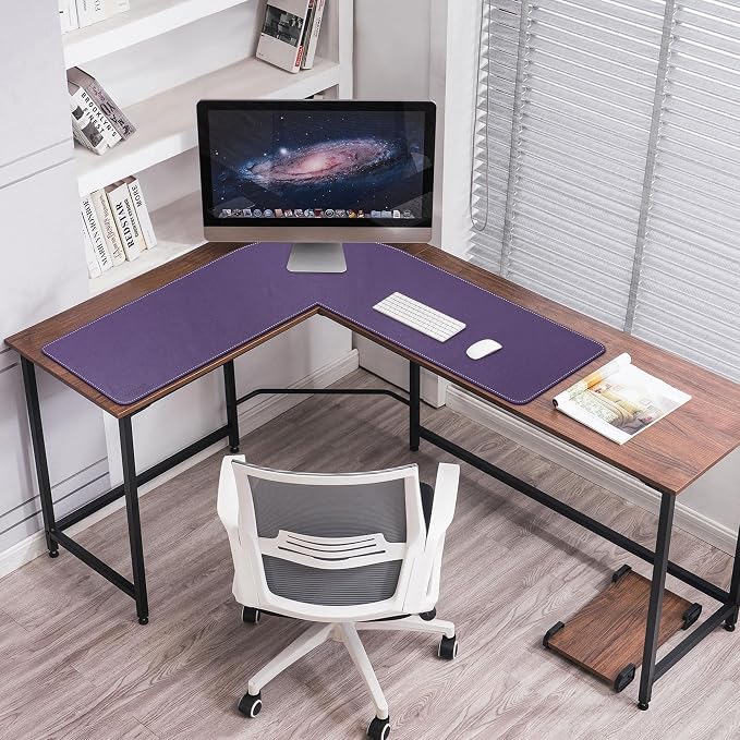 Mydours L Shaped Desk Mat, (38"+38) x 13" Large PU Leather Corner Desk Pad Blotter, XXL Large Waterproof Gaming Mouse Pad, L Shaped Mouse Pad for Computer Keyboard Home Office (Purple)