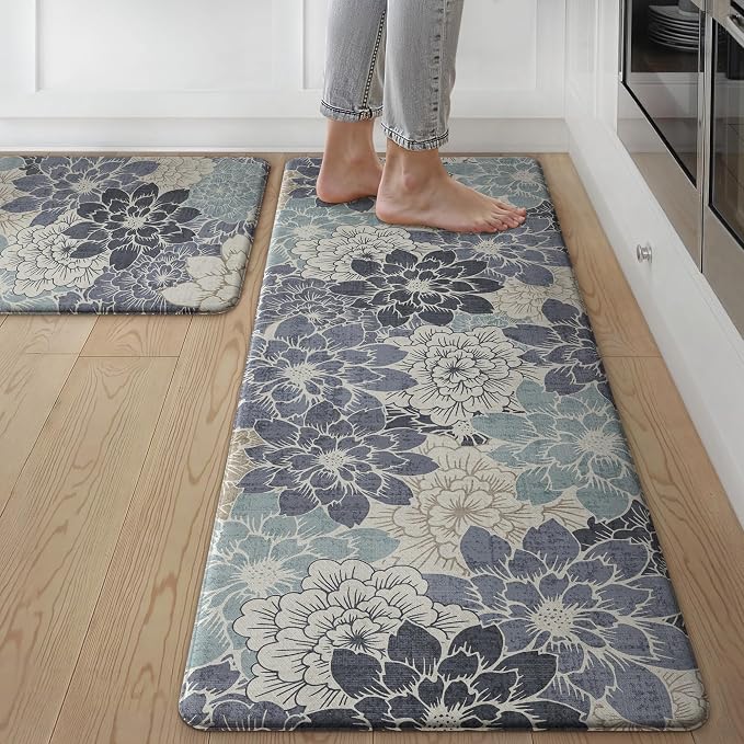 GENIMO Anti Fatigue Kitchen Mats for Floor 2PCS, Cushioned Standing Mats | 17.3"x47"&17.3"x30", Navy Blue vintage floral rug set, waterproof, non slip, easy-clean for farmhouse