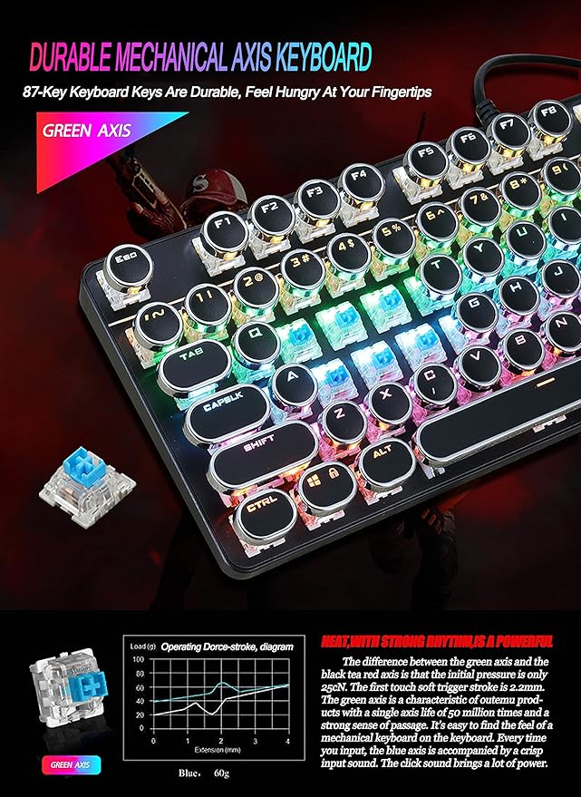 Typewriter Style Mechanical Gaming Keyboard LED Backlit Wired with Blue Switch Retro Round Keycap 104 Keys Keyboard (Black 104 Keys LED)
