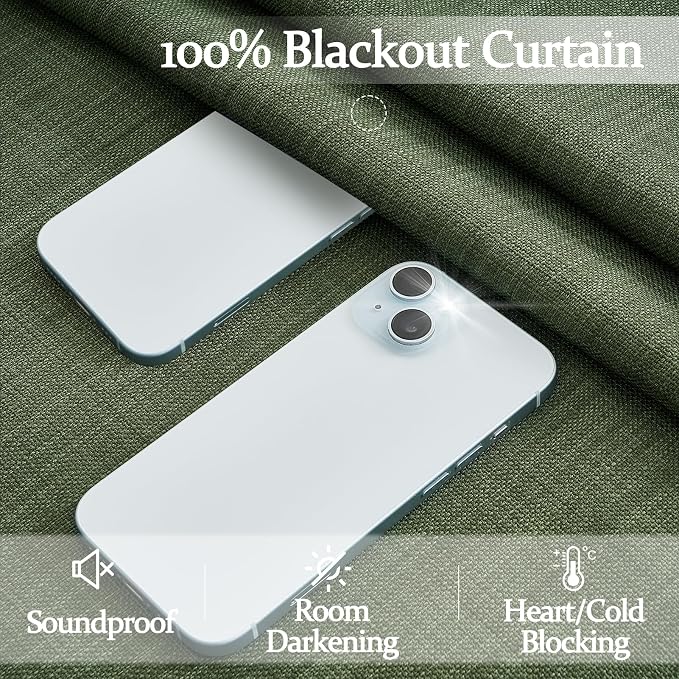 Loden Dual Layer Heavy Linen Blackout Curtains 96 Inches Long 2 Panels for Living Room, Memory Trained Pinch Pleated Olive Green Insulated Farmhouse Windows Drapes 96 Inch Length with Track System