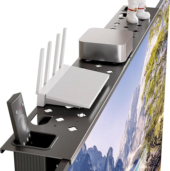 Steel TV Top Shelf - Adjustable Monitor Shelf Floating Stand with 2 Storage Boxes, Computer Screen Mounted Storage Bracket for Soundbar Router Cable Box Game Console Remote (36.65 x 4.33 Inch)