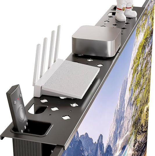 Steel TV Top Shelf - Adjustable Monitor Shelf Floating Stand with 2 Storage Boxes, Computer Screen Mounted Storage Bracket for Soundbar Router Cable Box Game Console Remote (36.65 x 4.33 Inch)