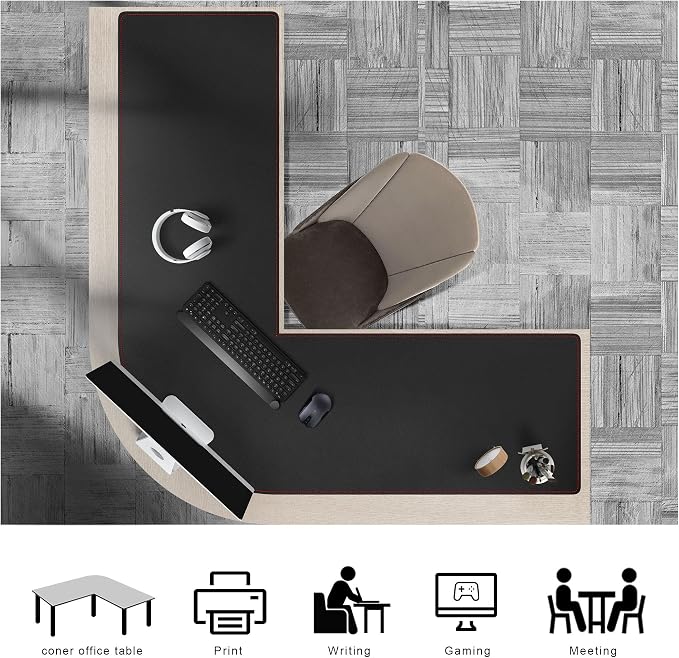 ZORESYN L-Shaped Gaming Desk Mat Mouse pad, Computer Corner Desk Pad, 55" Home Office Writing Desk Pad Protector, Large Waterproof PU Leather Corner Mousepad - Black, (140+137) x40cm