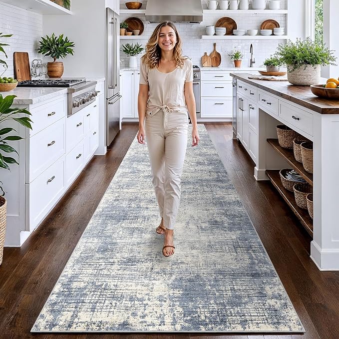 3x12 Hallway Washable Runner Rug - Non-Slip Kitchen Rugs with Rubber Backing Abstract Neutral Low-Pile Carpet Runners for Laundry Room Home Decor Bedroom Bathroom Entryway (Blue Gray,3x12)