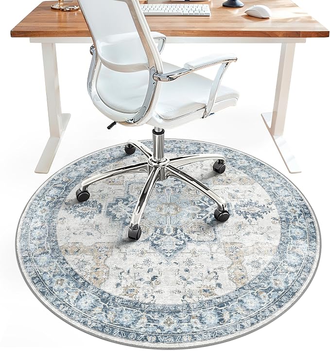 Office Chair Mat for Hardwood Tile Floor, Under Desk Carpet Protector for Rolling Computer Chair Mat, Round Washable Rugs 5ft Circle Area Rug, Anti-Slip 1/5" Thick Low Pile Thin Floor Mat, Blue