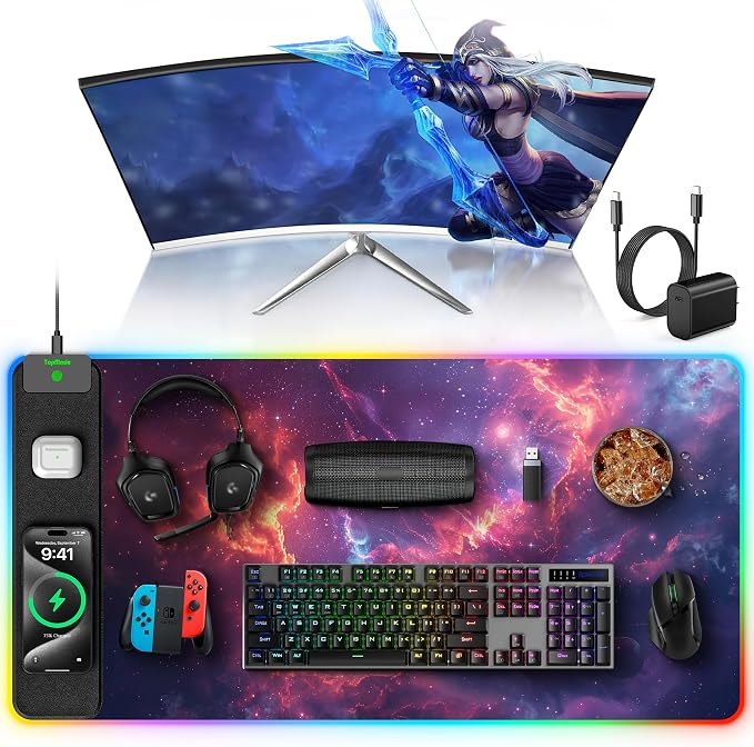 TopMade Wireless Charging Mouse Pad, RGB Gaming Mousepad Home Office Desk Pad, 31.5” x 15.8” Large Desk Mat, Waterproof Keyboard Pad, Red Nebula (Includes 20W PD Power Adapter & 6.56ft Woven Cable)