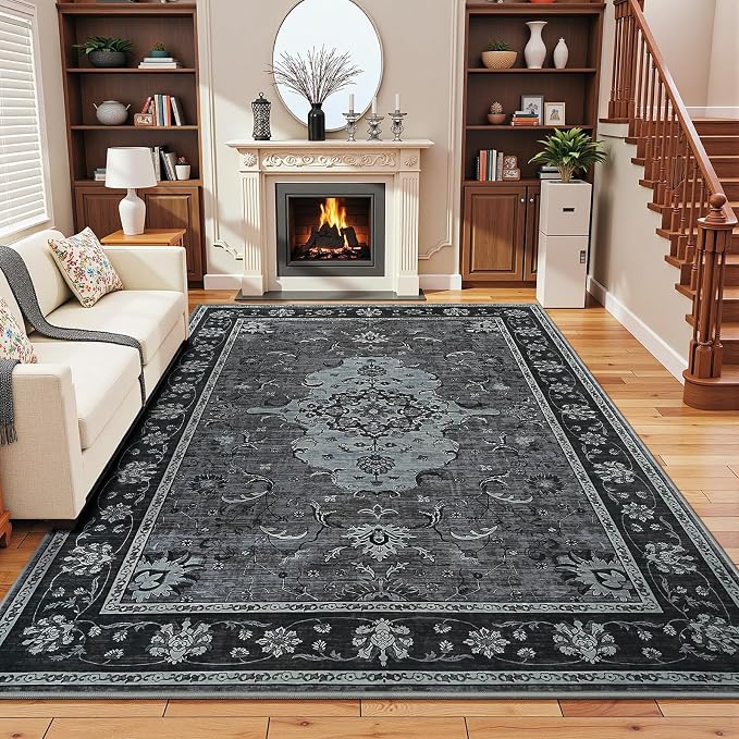3x5 Area Rugs for Bedroom, Machine Washable Vintage Rug, Non-Slip Low Pile Throw Rugs with Rubber Backing Printed Vintage Floral Carpet for Living Room Dining Room Kitchen Home Decor, Black Grey