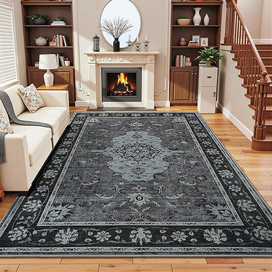 3x5 Area Rugs for Bedroom, Machine Washable Vintage Rug, Non-Slip Low Pile Throw Rugs with Rubber Backing Printed Vintage Floral Carpet for Living Room Dining Room Kitchen Home Decor, Black Grey