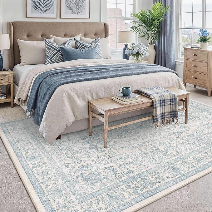 6x9 Blue Washable Area Rugs for Living Room Non Slip Low Pile Vintage Boho Throw Rug Soft Retro Distressed Floral Large Carpet Indoor Farmhouse Decor for Bedroom Dining Room Office Kitchen Playroom