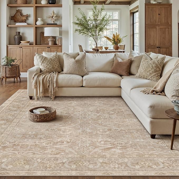 PureCozy Brown 8x10 Area Rug Washable Living Room Vintage Carpet Bedroom Large Indoor Non Slip Soft Low Pile Thin Stain Resistant Distressed Accent Throw Rug for Dining Office Nursery
