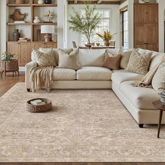 PureCozy Brown 8x10 Area Rug Washable Living Room Vintage Carpet Bedroom Large Indoor Non Slip Soft Low Pile Thin Stain Resistant Distressed Accent Throw Rug for Dining Office Nursery