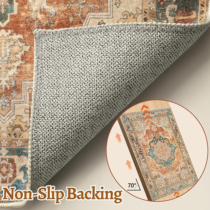 Tangsoo 6x9 Area Rug Washable Rugs for Living Room, Vintage Indoor Non Slip Large Area Rugs, Print Distressed Orange Carpet, Oriental Soft Low Pile Foldable Floor Rug for Bedroom Dining Room