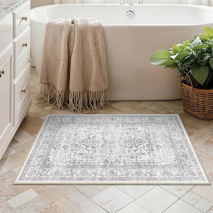 2x3 Gray Entryway Rug Non Slip Washable Area Rug Soft Vintage Boho Throw Rug Retro Distressed Floral Carpet Indoor Farmhouse Decor Low Pile Small Door Mat for Kitchen Bathroom Bedroom Laundry Office