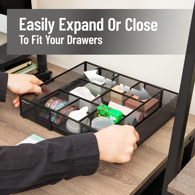Mind Reader Expandable Mesh Desk Drawer Organizer, Adjustable from 9.25" to 17.125", Office Supply Storage Tray, Makeup Organizer, Black