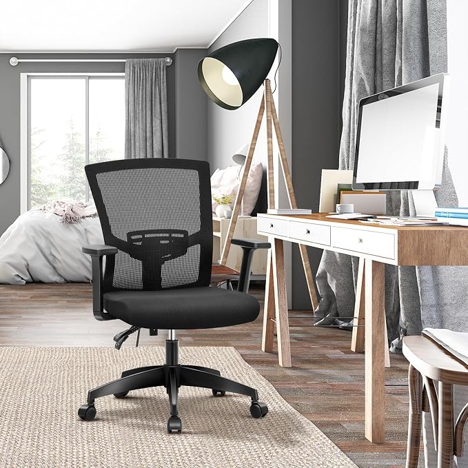 ALPHA HOME Office Chair Ergonomic, Mid Back Mesh Computer Chair, Black | Mid Back Desk Chair with Lumbar Support Executive Stool with Adjustable Armrest & Seat Cushion, BIFMA & SGS Certified