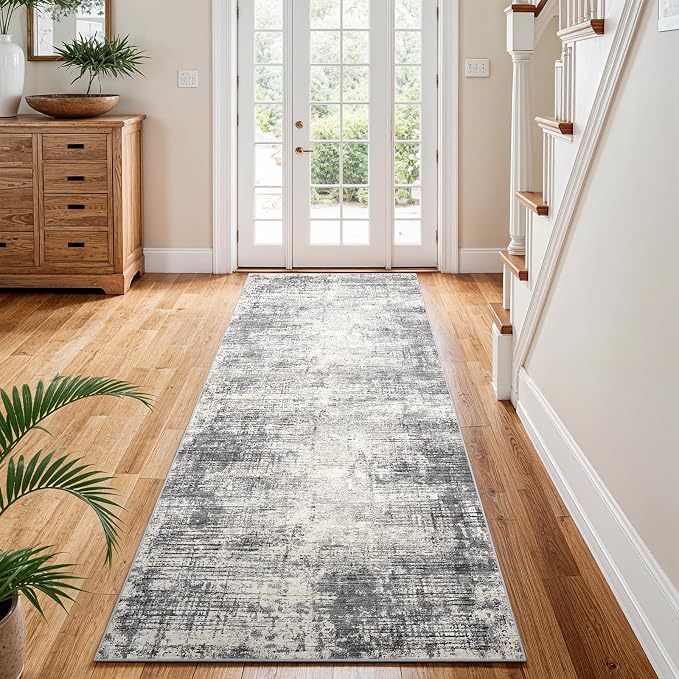 3x8 Hallway Washable Runner Rug - Non-Slip Kitchen Rugs with Rubber Backing Abstract Neutral Low-Pile Carpet Runners for Laundry Room Home Decor Bedroom Bathroom Entryway (Gray Beige,3x8)