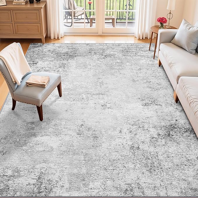 6x9 Washable Living Room Rug: Non Slip Stain Resistant Low Pile Area Rugs for Dining Room Bedroom - Neutral Abstract Soft Thin Indoor Throw Carpet for Pet Owners Newlyweds (6x9 Grey)