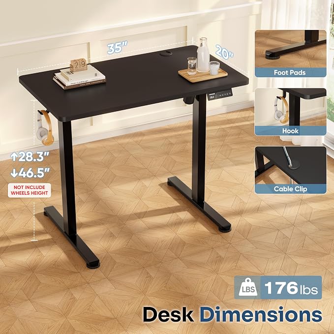 Monomi Small Electric Standing Desk, 35" x 20" Whole Piece Height Adjustable with Memory Controller, Sit to Stand Desk Workstation for Home Office, Black