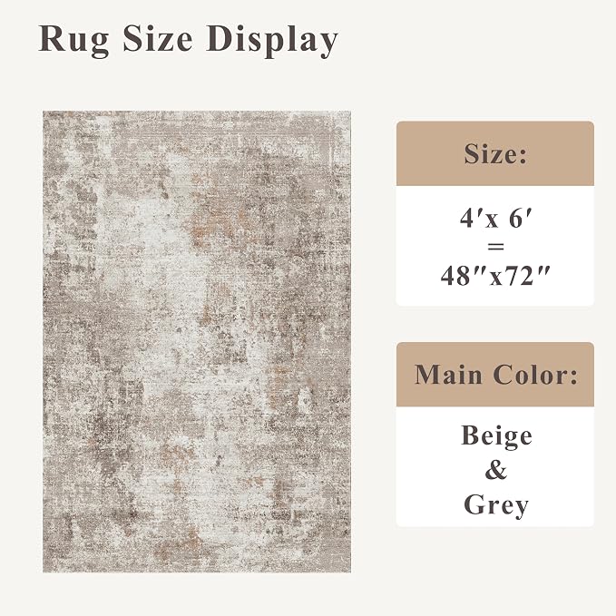 4x6 Washable Entryway Rug – Non-Slip Low-Pile Small Area Rug for Kitchen Bedroom Living Room Office – Modern Abstract Neutral Throw Carpet with Rubber Backing (Beige, Grey)