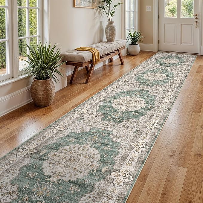 3x20 Washable Hallway Runner Rug:Oriental Indoor Kitchen Rugs Vintage Door Mat Non Slip with Rubber Backing Low Pile Thin Carpet for Bedroom Bathroom Living Room Bedside (3x20 Green/Beige)