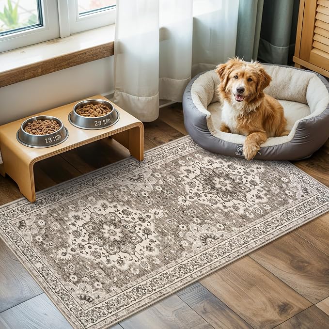 TOPRUUG 2x4 Oriental Entry Rug - Washable Area Rugs for Kitchen Bathroom Non-Slip Ultra-Thin Indoor Door Mat Indoor Entrance - Stain Resistant Small Throw Carpet (Beige, 2X4)
