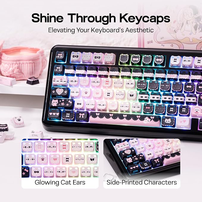 KiiBOOM Cute Cat Keycaps Set, Mao Profile, PC+ABS Keycap for MX Switches Mechanical Keyboard, Compatible with 60%, 65%, 75%, TKL, 96%, Full-Sized Layout (Meow Bow)