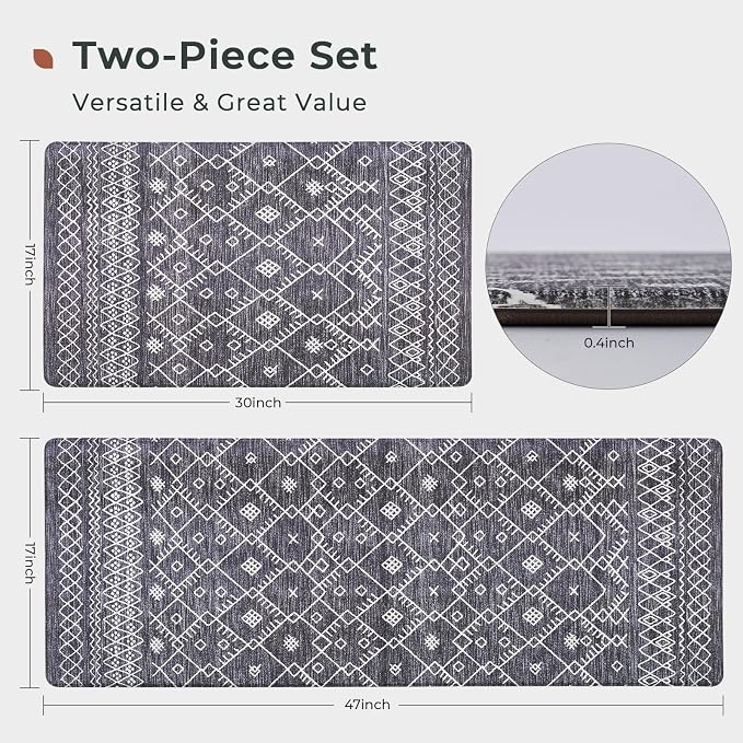 FRESHMINT Moroccan Kitchen Mat Set 2 Piece, 17x30''+17x47'', Black | Anti-Fatigue, Non Slip, Comfort, Kitchen Decor, Easy to Clean, Waterproof, Perfect for Kitchen, Laundry, Office