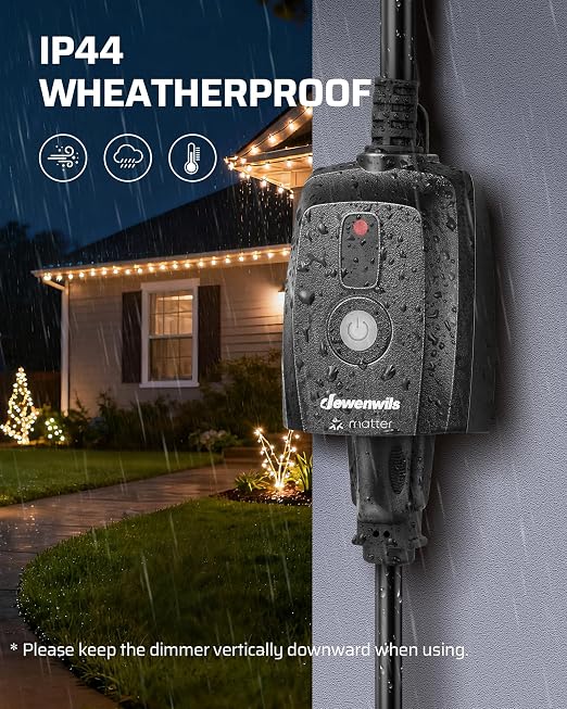DEWENWILS Wi-Fi Matter Smart Dimmer Plug, Outdoor Dimmer for String Lights, Works with Alexa, Google Home, SmartThings, 100FT Remote, for 150W Dimmable LED/300W Tungsten Bulbs, 2.4GHz Only