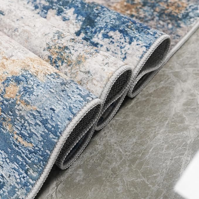 Living Room Area Rugs 9x12: Abstract Washable Bedroom Rugs with Non Slip Rubber Backing Stain Resistant Carpet for Dining Room Soft Indoor Floor Decor Mat for Households/Newlyweds 9x12 Blue White