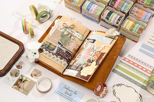 60 Rolls Cute Washi Tape Pack Basic Mini Adhesive Tapes Stars, Plaids, Florals, Grids & Dots Patterns Decorative Masking Tape Sets for Craft, Kids, Scrapbook, DIY, Gift Wrapping (Kawaii)