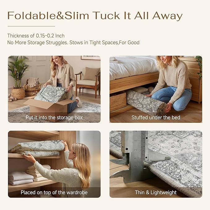 PureCozy Gray 6x9 Area Rug Washable Vintage Living Room Carpet Non Slip Retro Distressed Low Pile Soft Oriental Medallion Thin Large Grey Throw Rug for Office Bedroom Dining Room Playroom