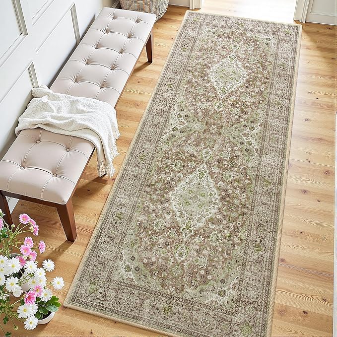 Green Washable Vintage Runner Rug, 2x6 Boho Bedroom Area Rugs, Soft Non Slip Floral Entryway Carpet Runners, Indoor Low Pile Carpets for Kitchen Hallway Bedside