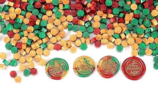 Yoption 360 Pcs Sealing Wax Beads Kit, Metallic Red, Green, Gold Christmas Wax Seal Beads with Candles and Melting Spoon